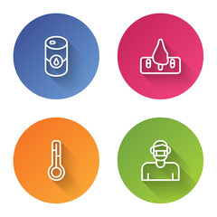 Sticker - Set line Barrel oil, Deforestation, Meteorology thermometer and Face in protective mask. Color circle button. Vector