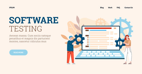 Software testing website with people connect gears cartoon vector illustration.