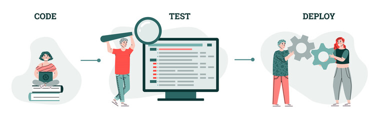 Computer code testing with characters, cartoon vector illustration isolated.