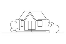 Simple Country House Surrounded By Lush Greenery In Continuous Line Art Drawing Style. Suburban Home Minimalist Black Linear Design Isolated On White Background. Vector Illustration