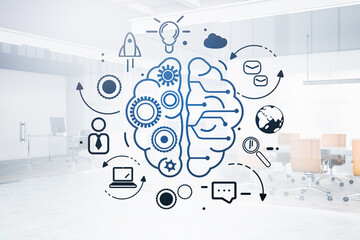 Wall Mural - creative brain icon, business sketch with network signs