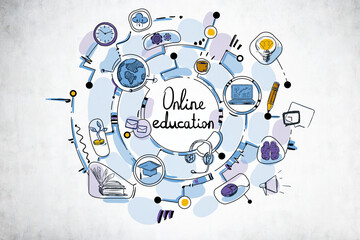 Colourful sketch doodle with online education icons on grey concrete wall