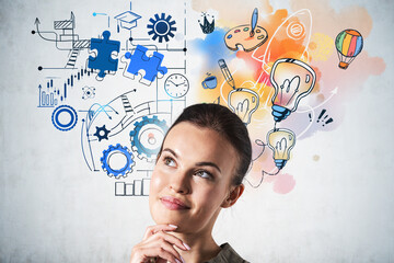 Wall Mural - woman thinking and brain sketch on background