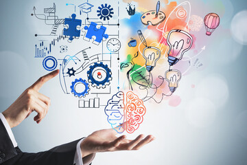 Wall Mural - man hand touch brain sketch with two different sides of thinking
