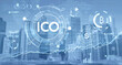 © ImageFlow - Double exposure of cryptocurrency ICO theme with aerial view of city New York skyline at night. Concept of digital money.