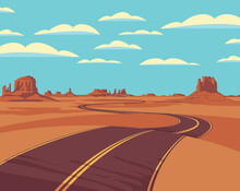 Decorative Landscape With An Empty Winding Road In The Desert With Mountains And Clouds In Blue Sky. Vector Illustration Of An Endless Road Running Through The Barren American Scenery