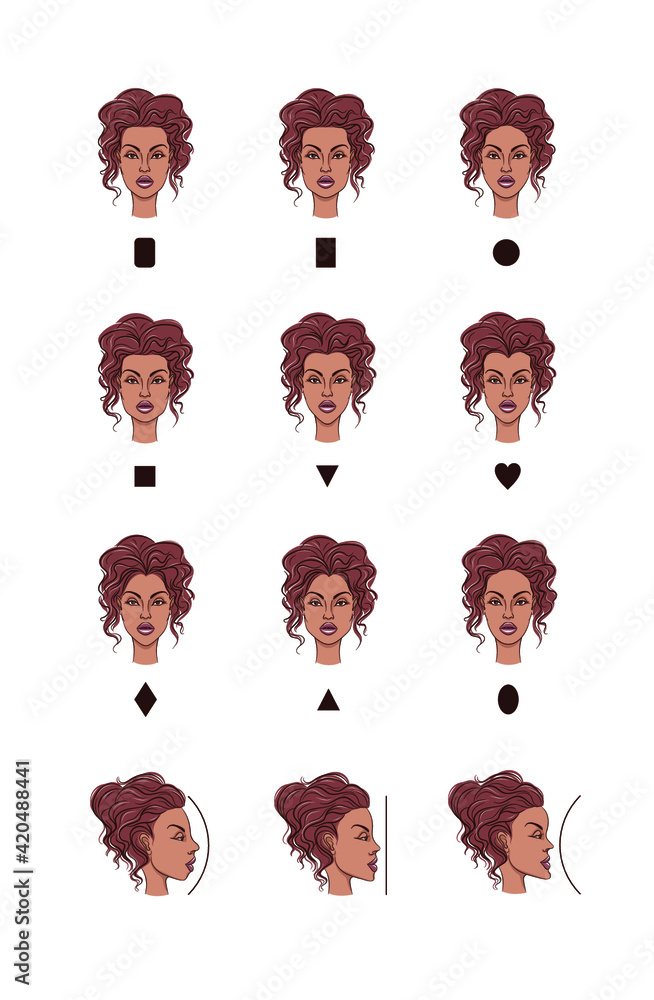 Face Shapes illustration set. 9 different types of face: oval ...