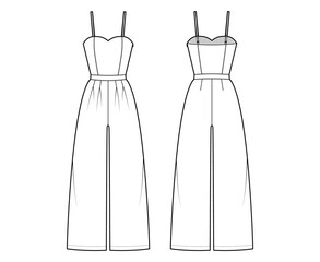 Sticker - Cami jumpsuit overall technical fashion illustration with full length, normal waist, double pleats, strap, fitted body. Flat apparel front back, white color style. Women, men unisex CAD mockup