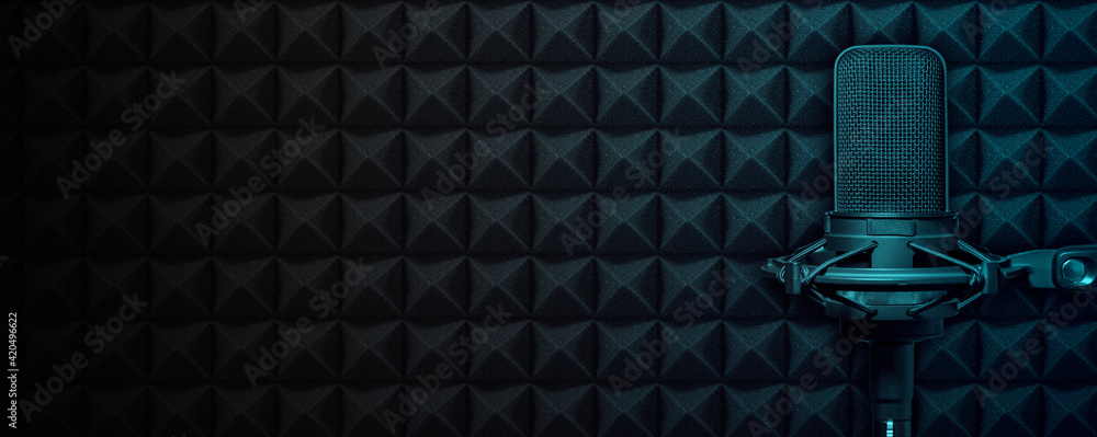 Recording studio microphone on black acoustic foam background with blue light and copy space - obrazy, fototapety, plakaty 
