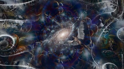 Spiritual composition. Angels of Eternity. Time spirals and vivid galaxy in endless spaces
