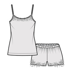 Wall Mural - Camisole lace Pajama short Sleepwear technical fashion illustration with scoop neck cami, mini length, oversized. Flat apparel garment apparel front, grey color style. Women, men unisex CAD mockup