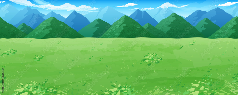 草原と山の風景イラスト 横スクロールゲームの背景 シームレス Wall Mural ふわぷか