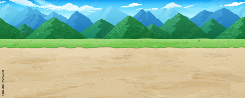 土の道と草と山の風景イラスト_横スクロールゲームの背景_シームレス 