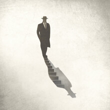 Illustration Of Man Getting Down Into His Shadow, Surreal Concept
