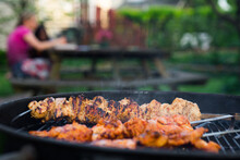 Shish Kebabs On A Grill By A Picnic Table