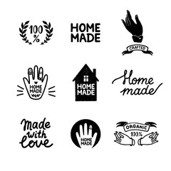 Homemade stamp logos set - vintage icons in stamp style, home made lettering with cute house and hands silhouettes. Vintage vector illustration for banner and label design.