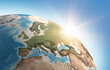 Sun shining over a high detailed view of Planet Earth, focused on Western Europe. 3D illustration - Elements of this image furnished by NASA