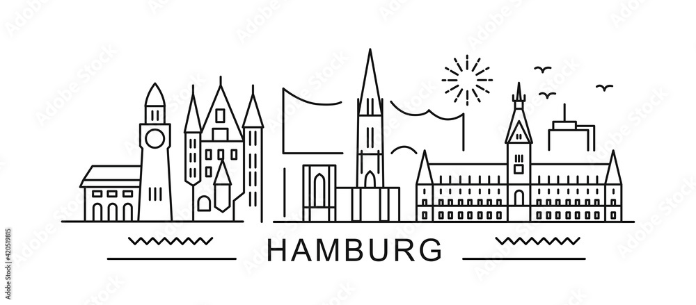 Hamburg minimal style City Outline Skyline with Typographic. Vector cityscape with famous landmarks. Illustration for prints on bags, posters, cards.  - obrazy, fototapety, plakaty 