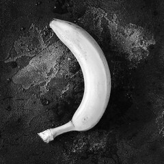 Wall Mural - Black and white minimalistic photo of a banana. Isolated fresh, ripe banana on a black textured background. Tropical, natural fruit for energy and healthy. Trendy fruits. Top view