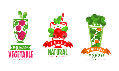 Sticker - Fresh Fruit and Vegetable Juice in Glass with Straw Logo Design Vector Set