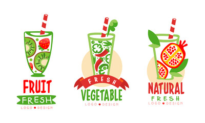 Wall Mural - Fresh Fruit and Vegetable Juice in Glass with Straw Logo Design Vector Set