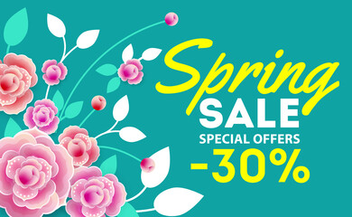 Wall Mural - Spring sale banner, special offer, advertising with pink flowers