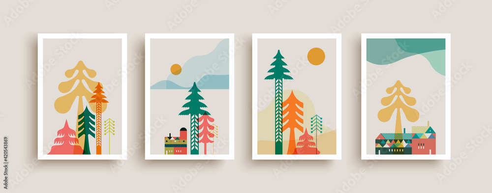 Scandinavian pine tree winter frame collection - obrazy, fototapety, plakaty 