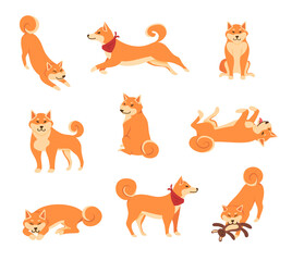 Wall Mural - Cartoon Color Characters Kawaii Shiba Inu Dogs Set. Vector