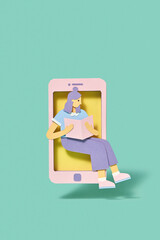 Papercraft smartphone with schoolgirl reading book.