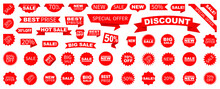 Sale Label Collection Set. Set Ribbon Banner And Label Sticker Sale Offer And Badge Tag Sale Advertising. Discount Red Ribbons, Banners And Icons. Cffer Discount Coupons. Vector Illustration.