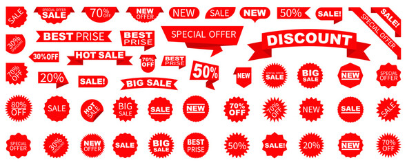 Wall Mural - Sale Label collection set. Set ribbon banner and label sticker sale offer and badge tag sale advertising. Discount red ribbons, banners and icons. Cffer discount coupons. Vector illustration.