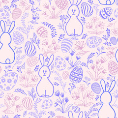 Wall Mural - Easter holday floral seamless pattern. Spring gentle background with easter icons eggs and bunny. Happy Easter tile backdrop.