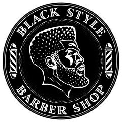 Black style barber shop. New logo design for some Afro American hairdresser. Head of cool bearded black man with a taper fade haircut. Barber's poles and negative vintage font in the round frame.