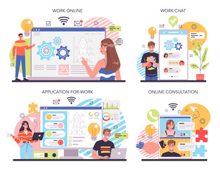 Collaboration online service or platform set. Office characters working