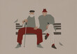 © Valeriya Simantovskaya/Stocksy - elderly men sit on a bench. Aging up concept