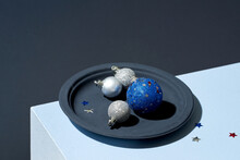Beautiful Still Life With Round Blue Christmas Decorations.