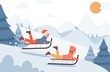 Kids riding on sleds vector flat illustration. Happy children sledding on sleds. Snowy landscape, winter forest. Boy and girl having fun, sledding downhill during winter. Winter outdoor activity.