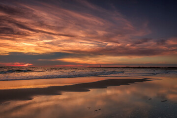 Poster - USA, New Jersey, Cape May National Seashore. Sunset on ocean shore.