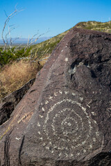 Sticker - USA, New Mexico, Three Rivers Petroglyph Site. Petroglyph etching on rock.