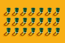 Glasses Of Green Soda Liquid On Orange Background. Vivid Color.