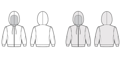 Sticker - Zip-up Hoody sweatshirt technical fashion illustration with elbow sleeves, relax body, hem, drawstring. Flat small apparel template front, back, white, grey color style. Women, men, unisex CAD mockup
