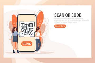 Scan qr code people, great design for any purposes. 3d vector background. Flat design. Vector character illustration.