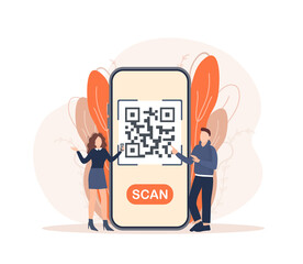 Scan qr code people, great design for any purposes. 3d vector background. Flat design. Vector character illustration.