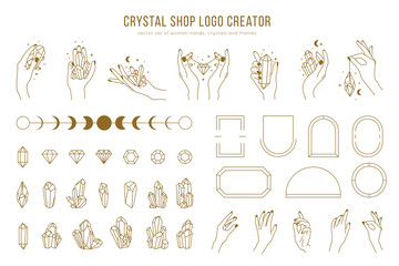 crystal shop vector logo creator with different woman hands, frames, gemstones and female hands hold