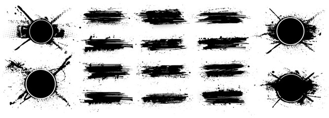 Fototapete - Brushstroke collection paint stencil with splashes. Grunge brush stroke texture and art compositions with frame. Dirty artistic design box, ink elements with drops blots. Vector Brush stroke set