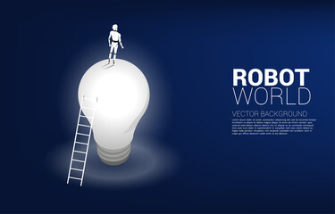 Poster - Robot standing with ladder on light bulb. Concept of artificial intelligence and machine learning, worker technology.