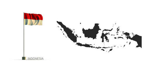 Wall Mural - Indonesia map. gray country vector map, and flag 3d illustration.
