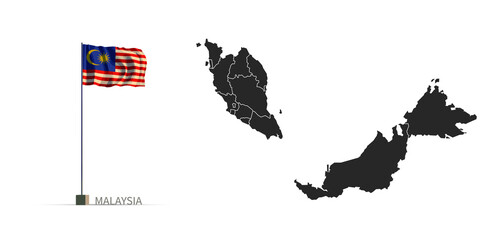 Wall Mural - Malaysia map. gray country vector map, and flag 3d illustration.