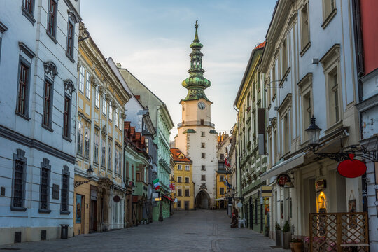 empty michalska street in bratislava old town during coronavirus pandemic with michael's tower (mich