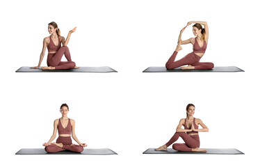 Wall Mural - Young woman practicing yoga on white background, collage